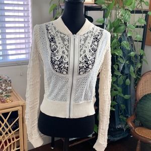 Free People Sun Storm Eyelet Ivory Lace Crochet Zip Up Cardigan Bomber Jacket S
